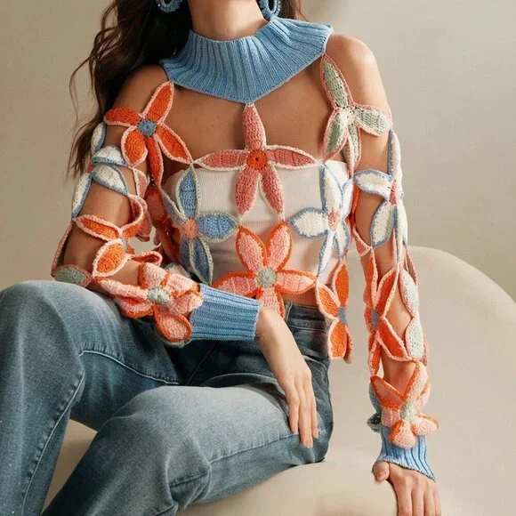 Blue Casual Women's Floral Pattern Sheer Long Sleeve Loose Sweater - Picture 4 of 7